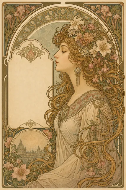 Art nouveau floral portrait poster, generated with Image Studio