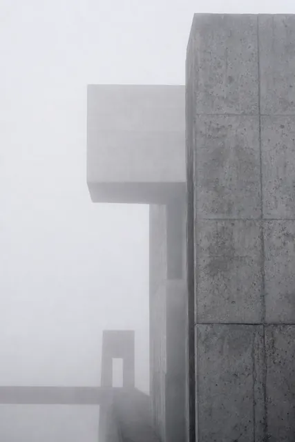 Brutalist architecture in thick fog, generated with Image Studio