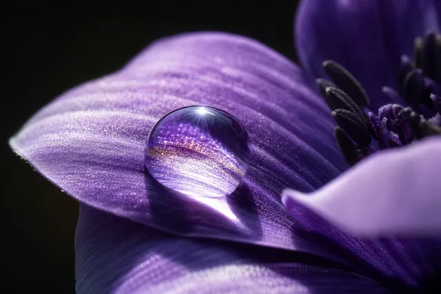 Macro dewdrop on a purple petal, generated with Image Studio
