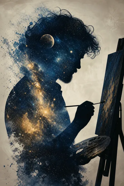 Double exposure painter silhouette with galaxy, generated with Image Studio