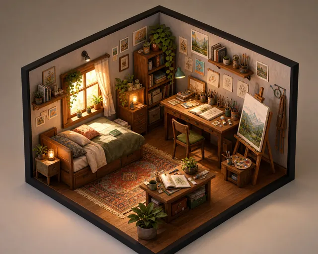 Isometric artist studio diorama, generated with Image Studio