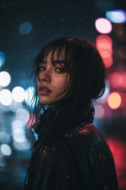 Neon-lit portrait in the rain, generated with Image Studio