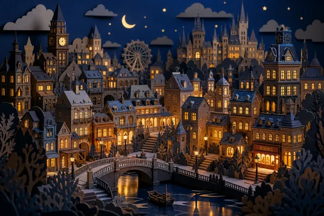 Miniature paper craft city at night, generated with Image Studio
