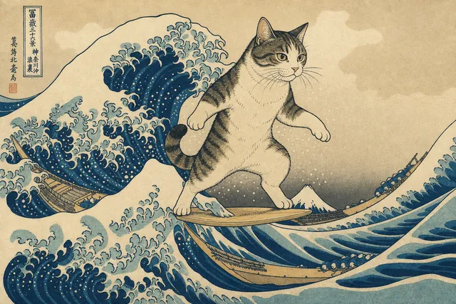 Ukiyo-e cat riding a great wave, generated with Image Studio