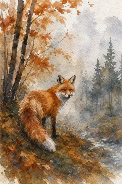 Watercolor fox in an autumn forest, generated with Image Studio